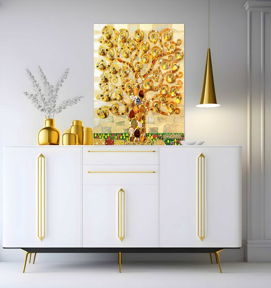 Pear tree. Relief textured golden painting with precious stones