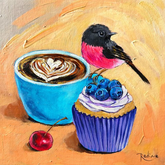 Pink Robin, cappuccino and blueberry cupcake – framed original