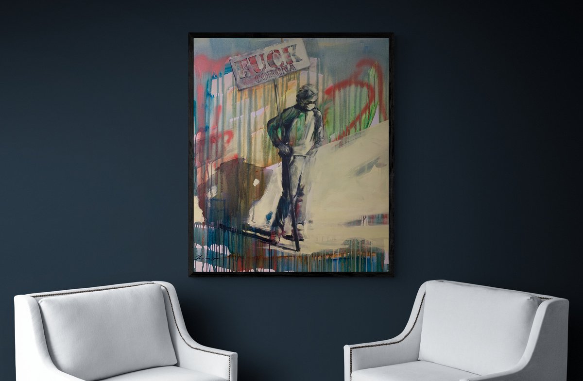 Expressive Portrait Painting By Yaroslav Yasenev, 33 X 39", Fu*K Corona, Original Artwork