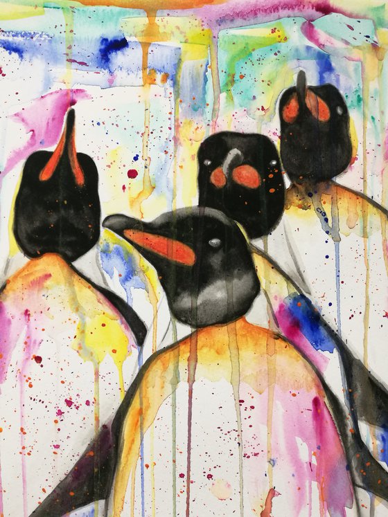 Line of Penguins. Watercolour on paper. Colourful Affordable Art. Free Worldwide Shipping