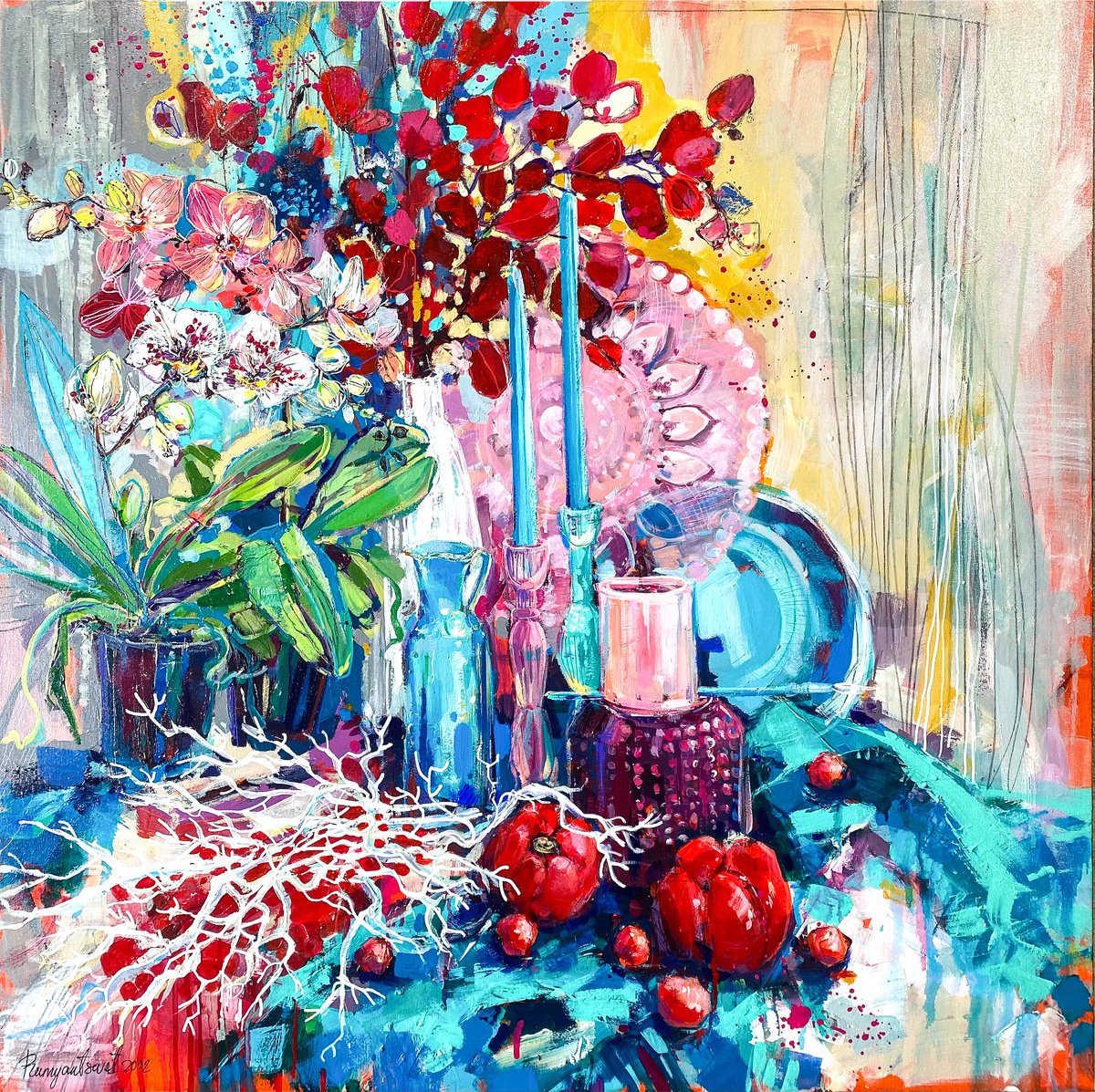 Impressionistic Still Life Acrylic Painting By Irina Rumyantseva, 39 X 39, Still Life - Romantic Candles And Vase With Flowers, Artfinder
