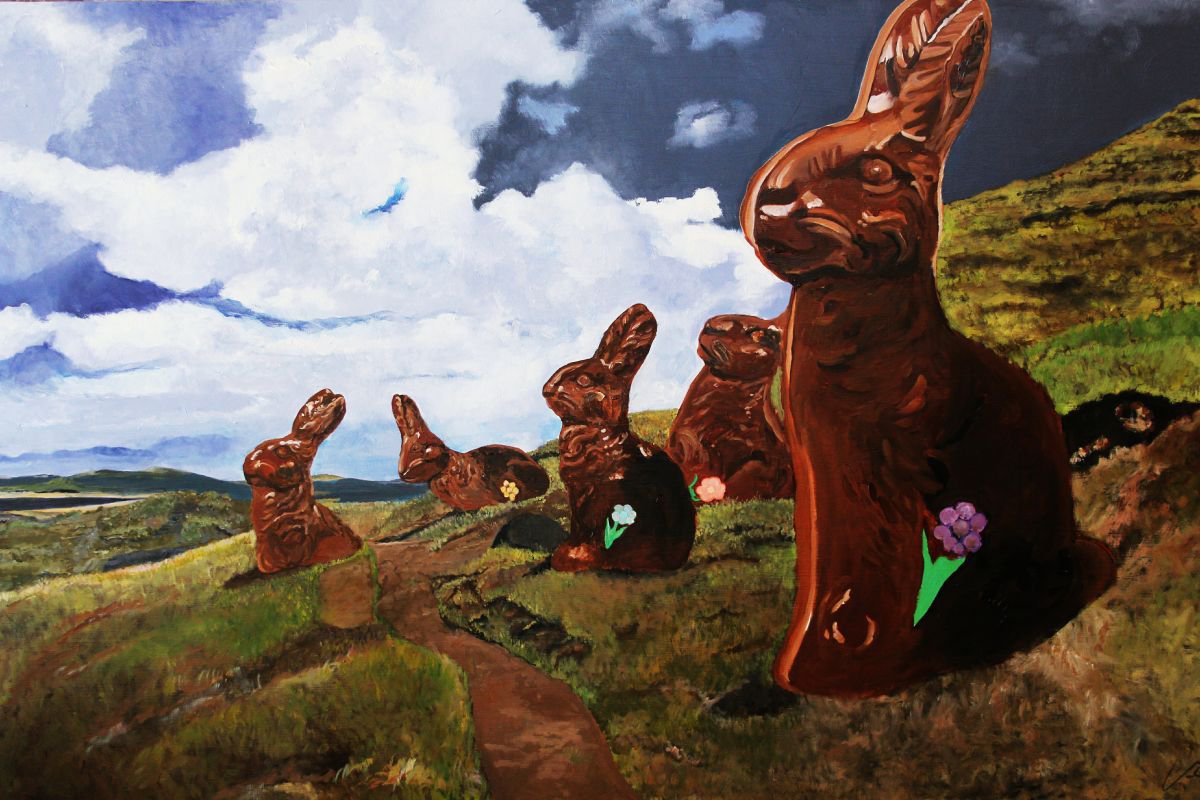 Surrealistic Landscape Oil Painting By Ken Vrana, 48 X 30", Easter Island, Original Artwork