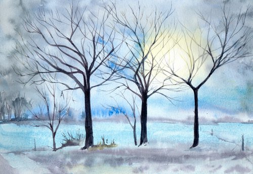 Winter landscape, original watercolour painting by Anjana Cawdell