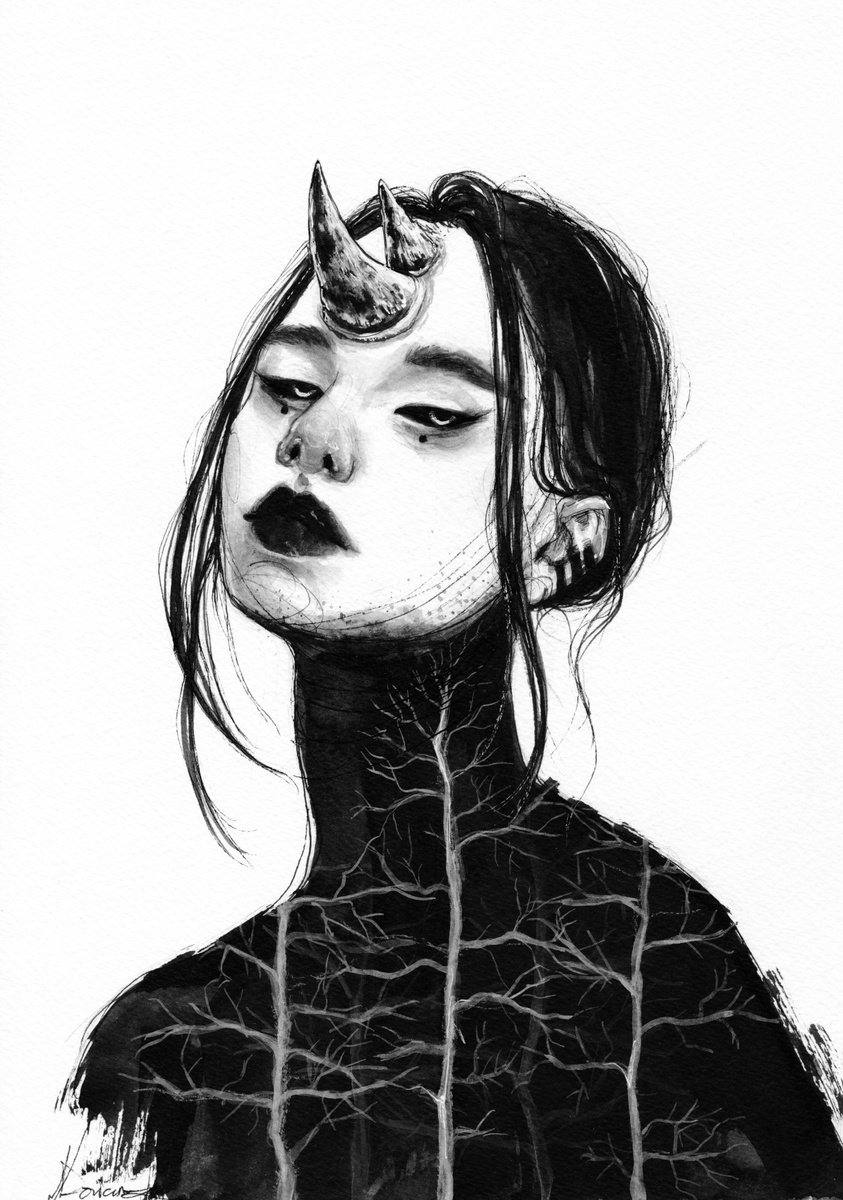 Expressive Portrait Ink Drawing By Doriana Popa, 8 X 12, Rhinoceros, Original Artwork