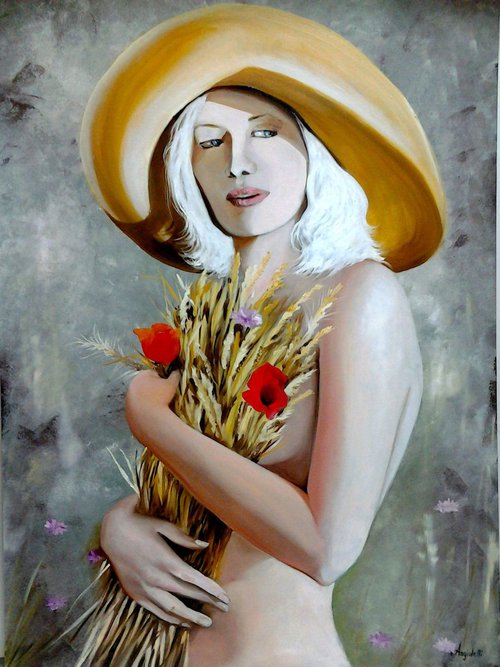 Woman with wheat and poppies by Anna Rita Angiolelli