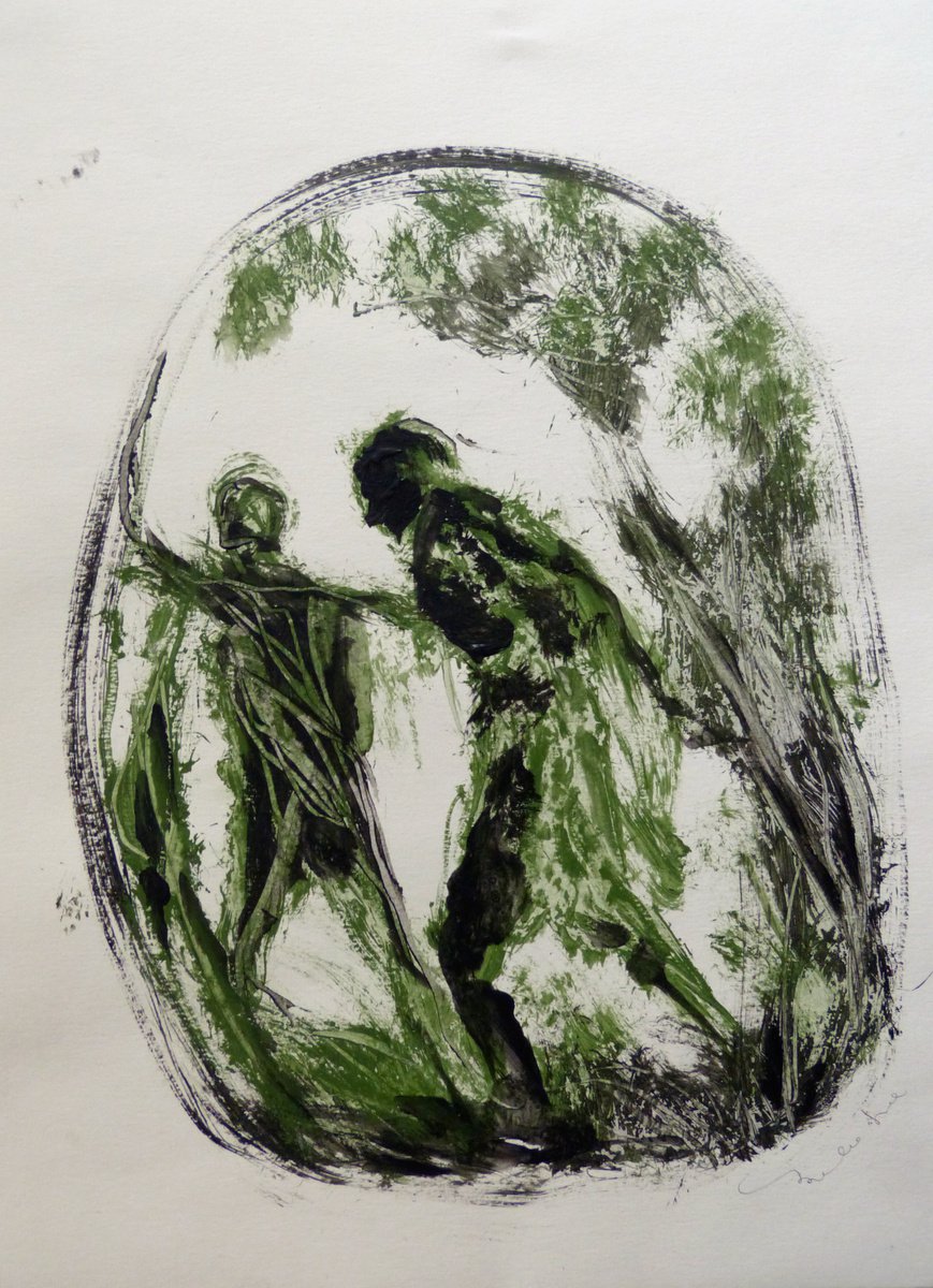 Expressive Portrait Acrylic Painting By Frederic Belaubre, 11 X 16, Green Mood 15, Acrylic, Original Artwork