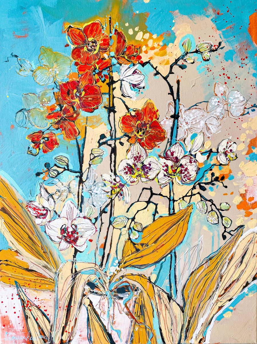 Abstract Botanical Acrylic Painting By Irina Rumyantseva, 24 X 31, Tulips In The Sun, Original Artwork