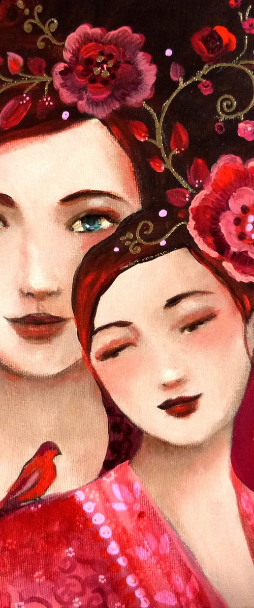 Mes deux M'oiselles 30x30cm mother and daughter. by Loetitia Pillault