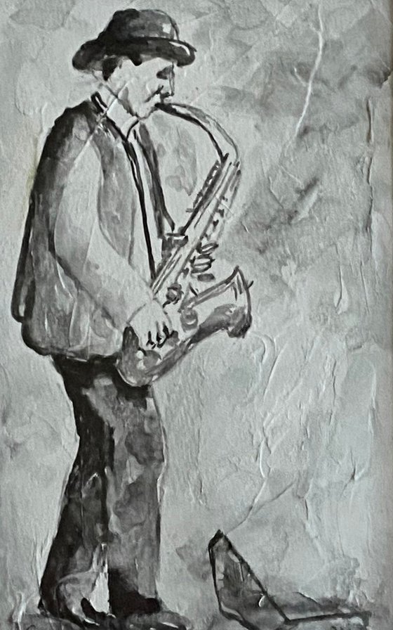 Street Saxophonist Original Watercolor Black and White on handmade paper Matted Black Frame