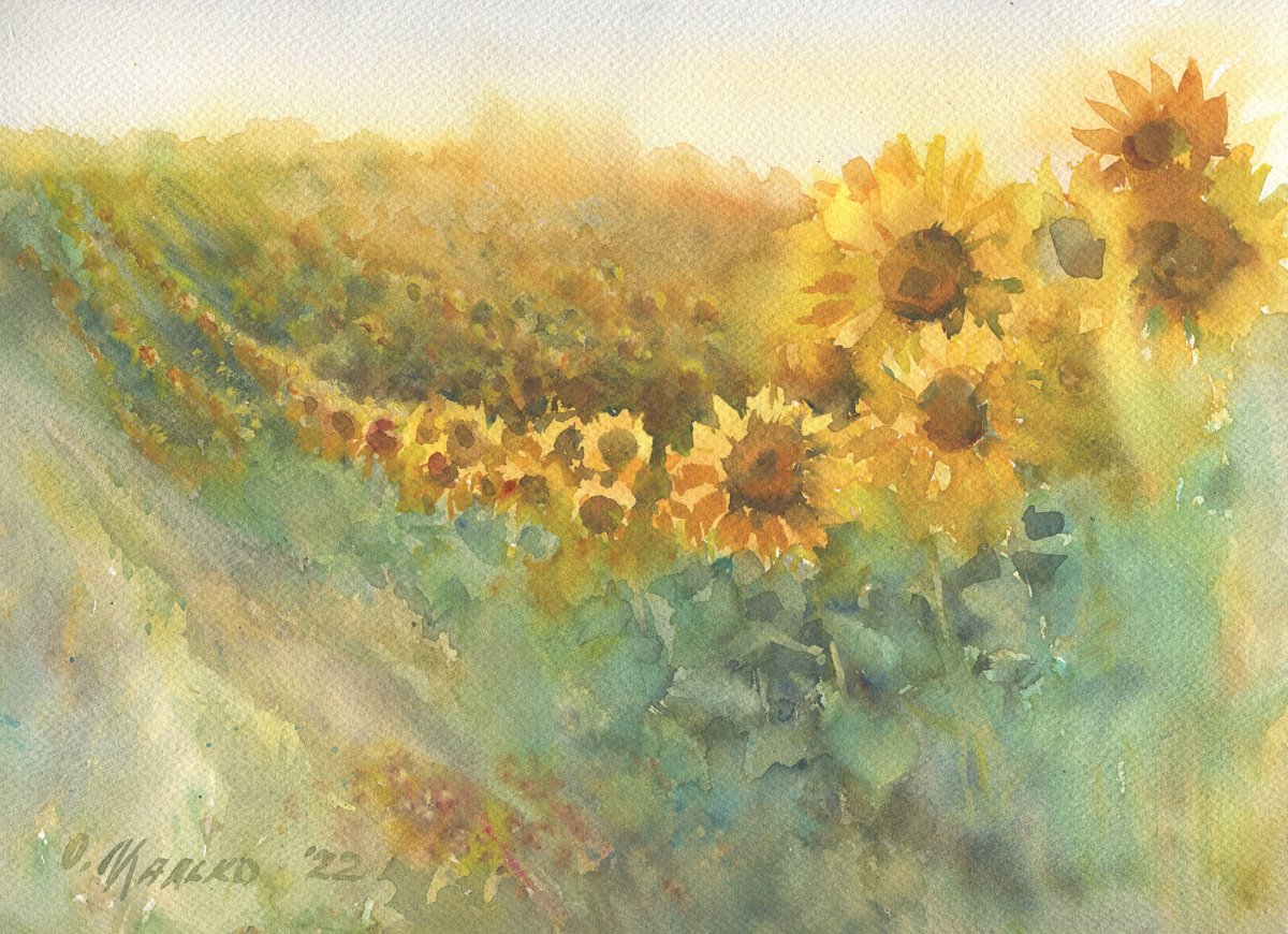 The sunflower swing / ORIGINAL watercolor 12,2x9,1in (31x23cm) by Olha Malko
