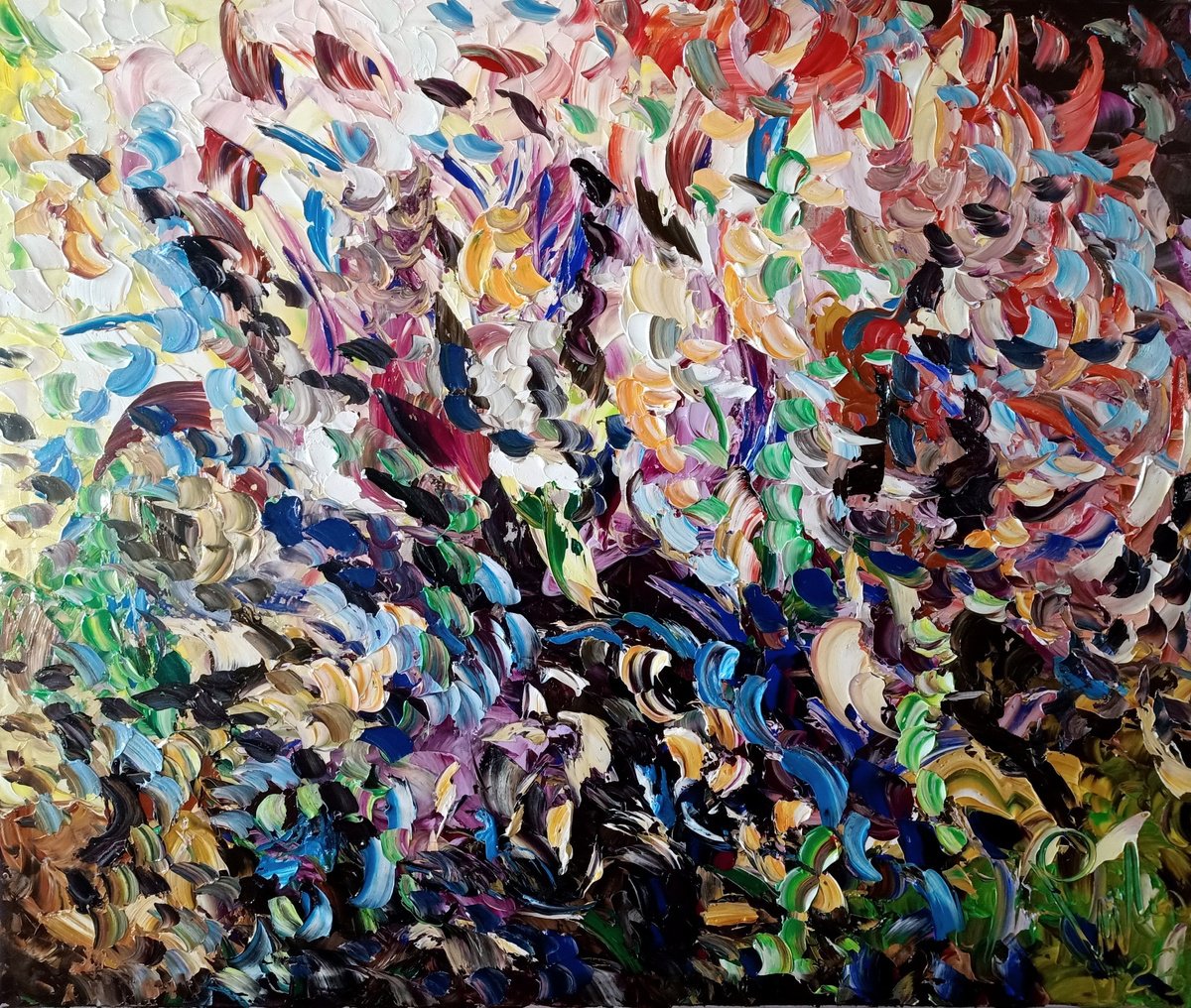 Impressionistic Botanical Acrylic Painting By Antonino Puliafico, 47 X 39, Blu Garden, Original Artwork