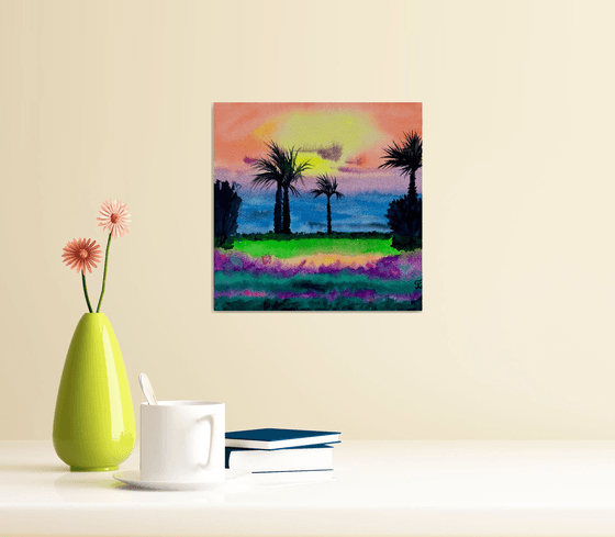 Ocean Watercolor Painting, Sunset Beach Original Art, Neon Wall Art, Coastal Home Decor