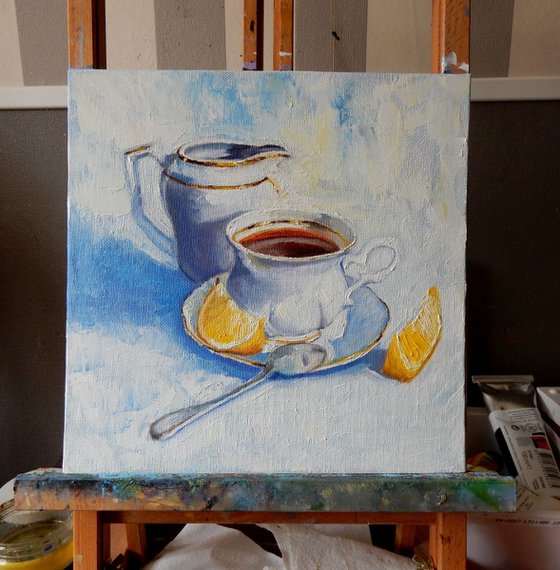 Tea cup and milk jug. still life. 25x25cm.