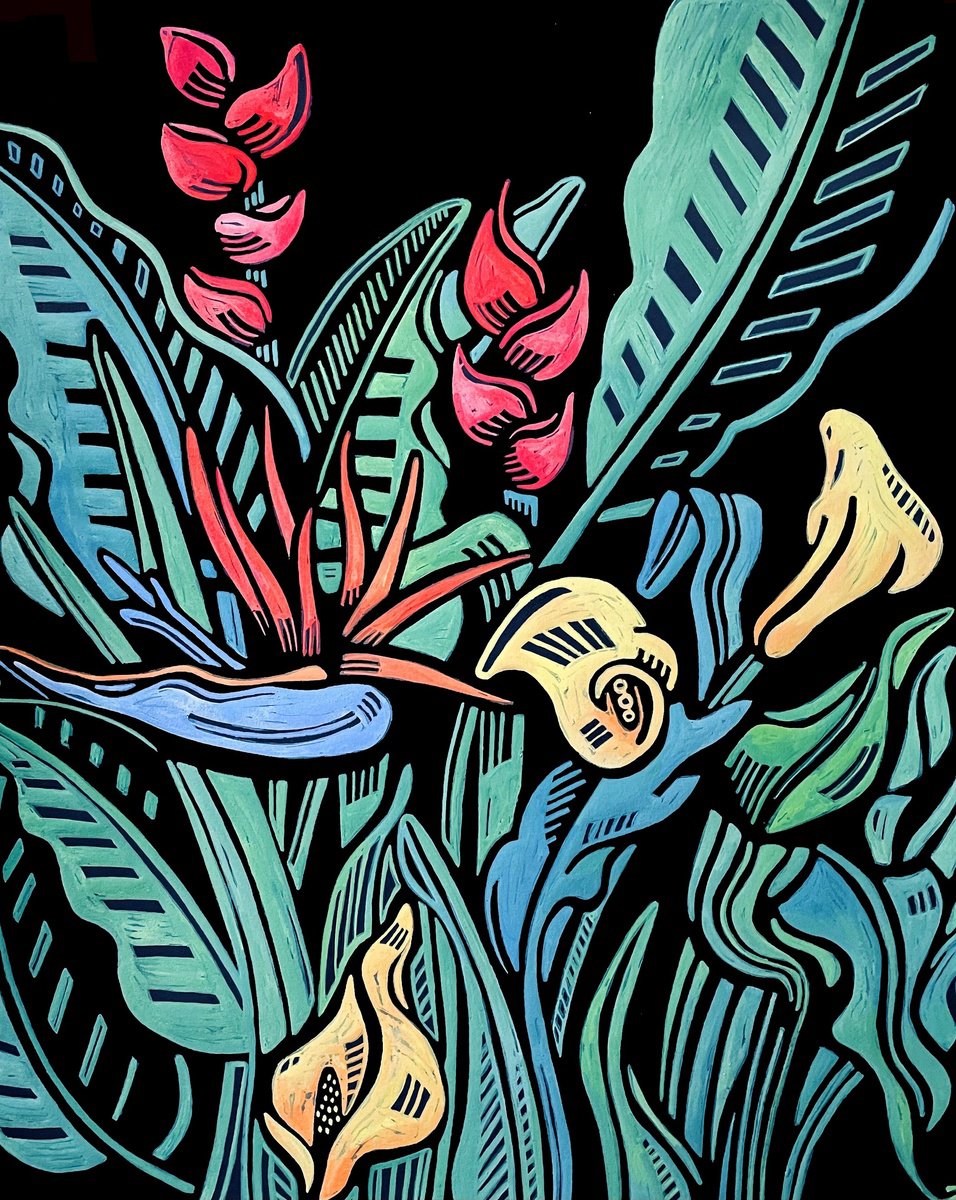 Tropical Flowers Linocut by Laurel Macdonald | Artfinder