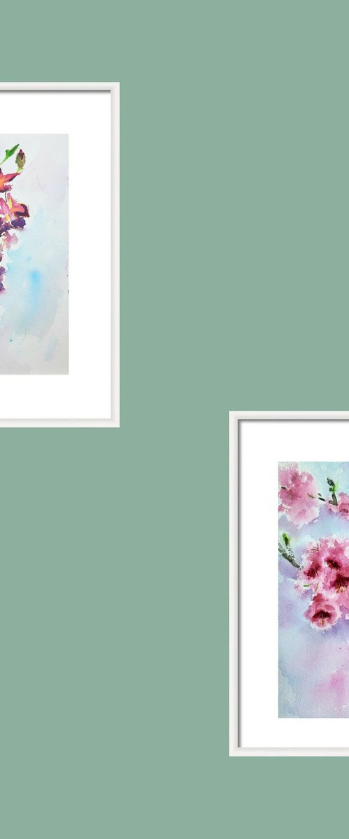 Purple Orchids and Pink Sakura Set of two by Asha Shenoy