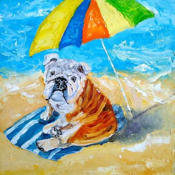 Beach season, Bulldog Painting Original Art Funny Pet Artwork Beach Wall Art English Bulldog on the beach