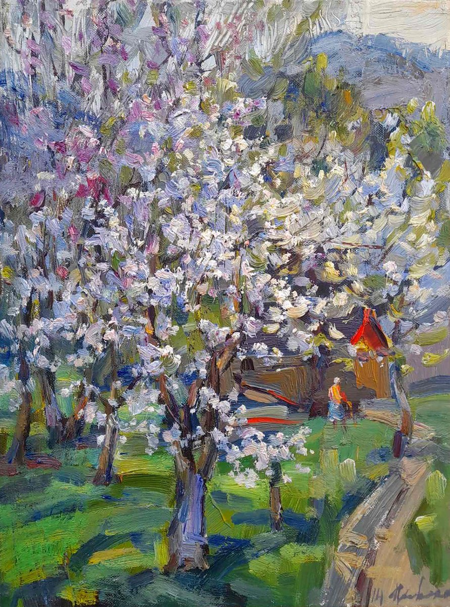 Impressionistic Landscape Oil Painting By Ivan Kovalenko, 12 X 16, Trees Bloom, Original Artwork
