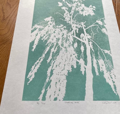 Ghost of Birch - Tree Silhouette Linocut Print by C Staunton