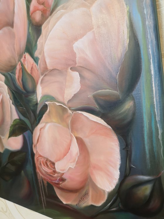 Pink powder, oil painting, original gift, home decor, Flowering, Spring, Leaves, Pink roses, powdered roses, picture with delicate flowers,Living Room,  flower picture