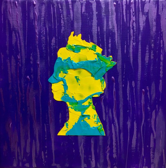 Queen # 82 on purple, yellow and blue MARBLE PATTERN PAINTING INSPIRED BY QUEEN ELIZABETH PORTRAIT