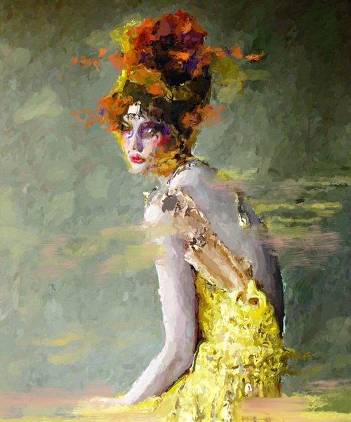 Woman with Flowers in a yellow dress by Marina Fedorova