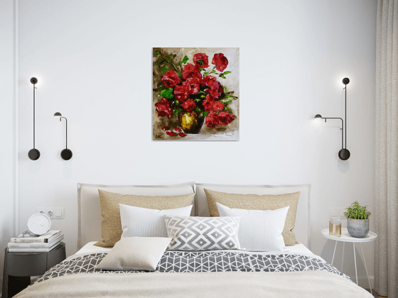 BOUQUET OF RED ROSES  palette knife still life  flowers Dutch style  office home decor gift