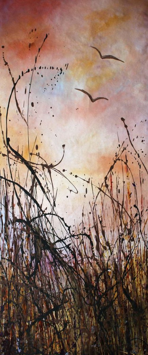 Coming Together -  Large 55 x 145 cm Original abstract floral painting by Cecilia Frigati