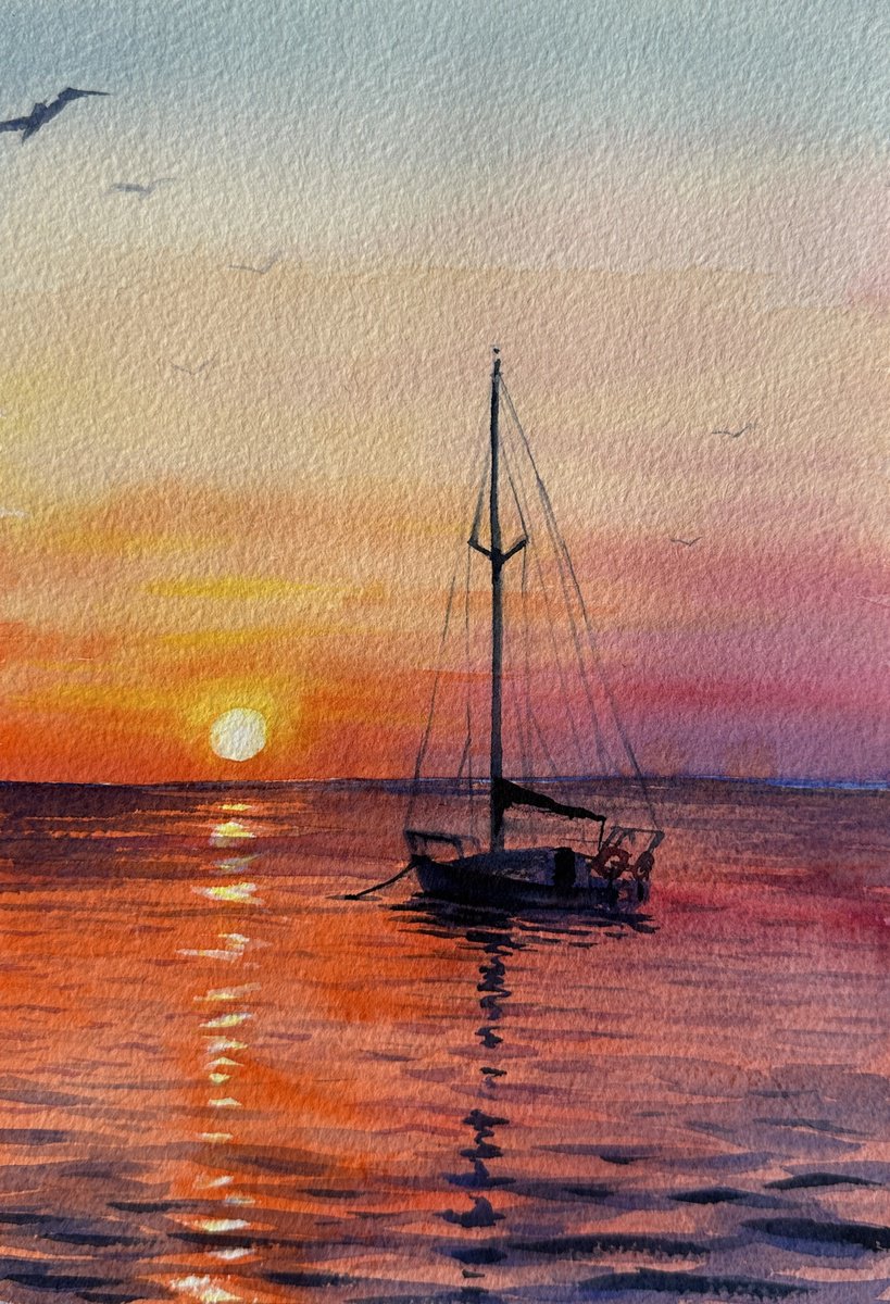Impressionistic Watercolour , Sailboat At Sunset By Oleksandra Padushyna, 7 X 10, Artwork For Sale On Artfinder