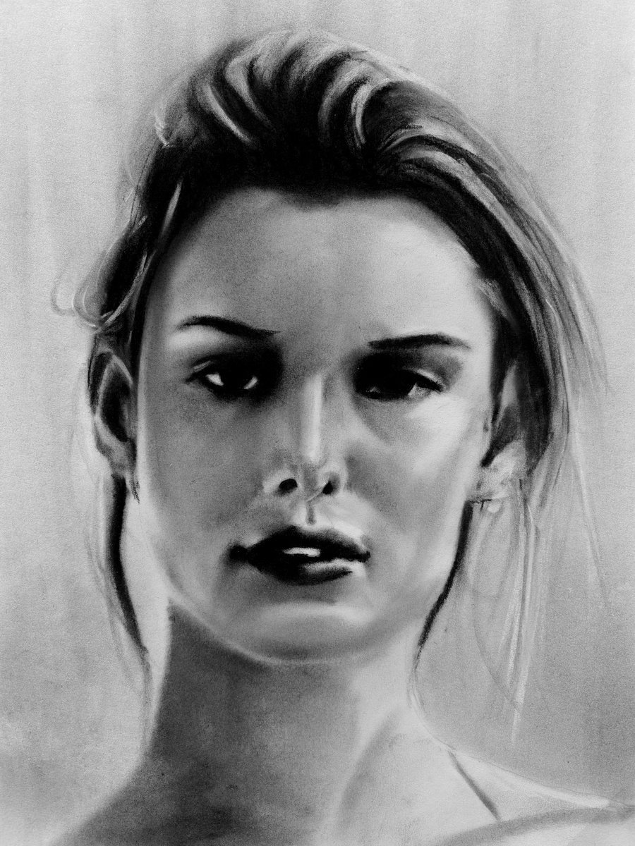 Photorealistic Portrait Charcoal Drawing By Denny Stoekenbroek, 12 X 17, Edge Of Calm, Original Artwork