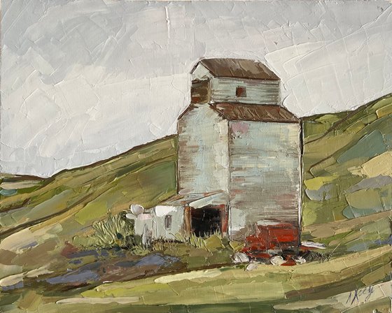Abstract landscape Montana Grain elevator Original Oil Painting 22x28cm 8.5x11inch