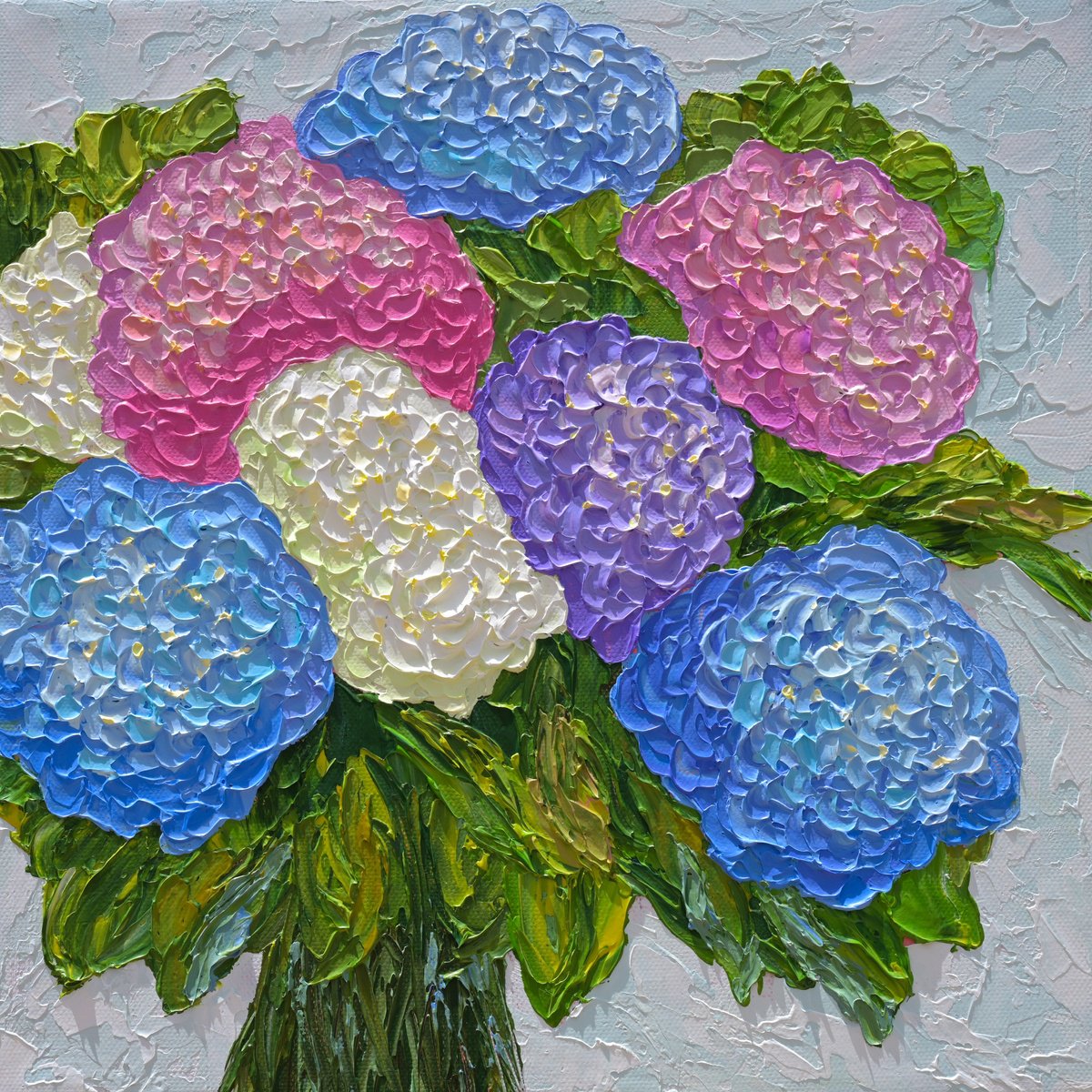 Impressionistic Botanical Acrylic Painting By Olga Tkachyk, 12 X 12", Hydrangea Bouquet, Original Artwork