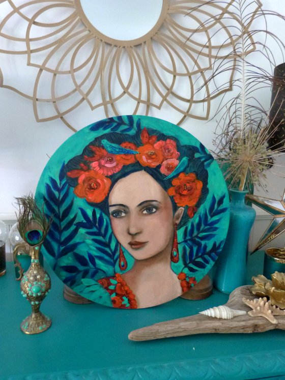 Inspiration Frida Kahlo, portrait of woman with flowering hair. Tondo 40 cm