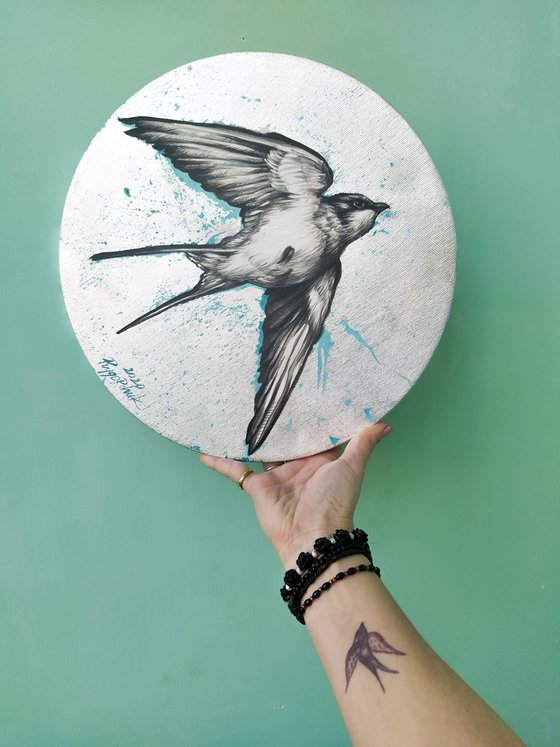 Swallow painting, 30 cm (11 inches), bird in flight,bird print,bird artwork,art swallow , silwer art , print art painting,on a round frame