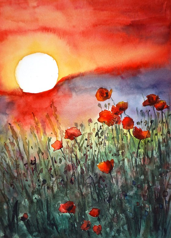 ORIGINAL Watercolor Field of Poppy Flowers - Red Poppies Landscape in Sunset - Nature Art