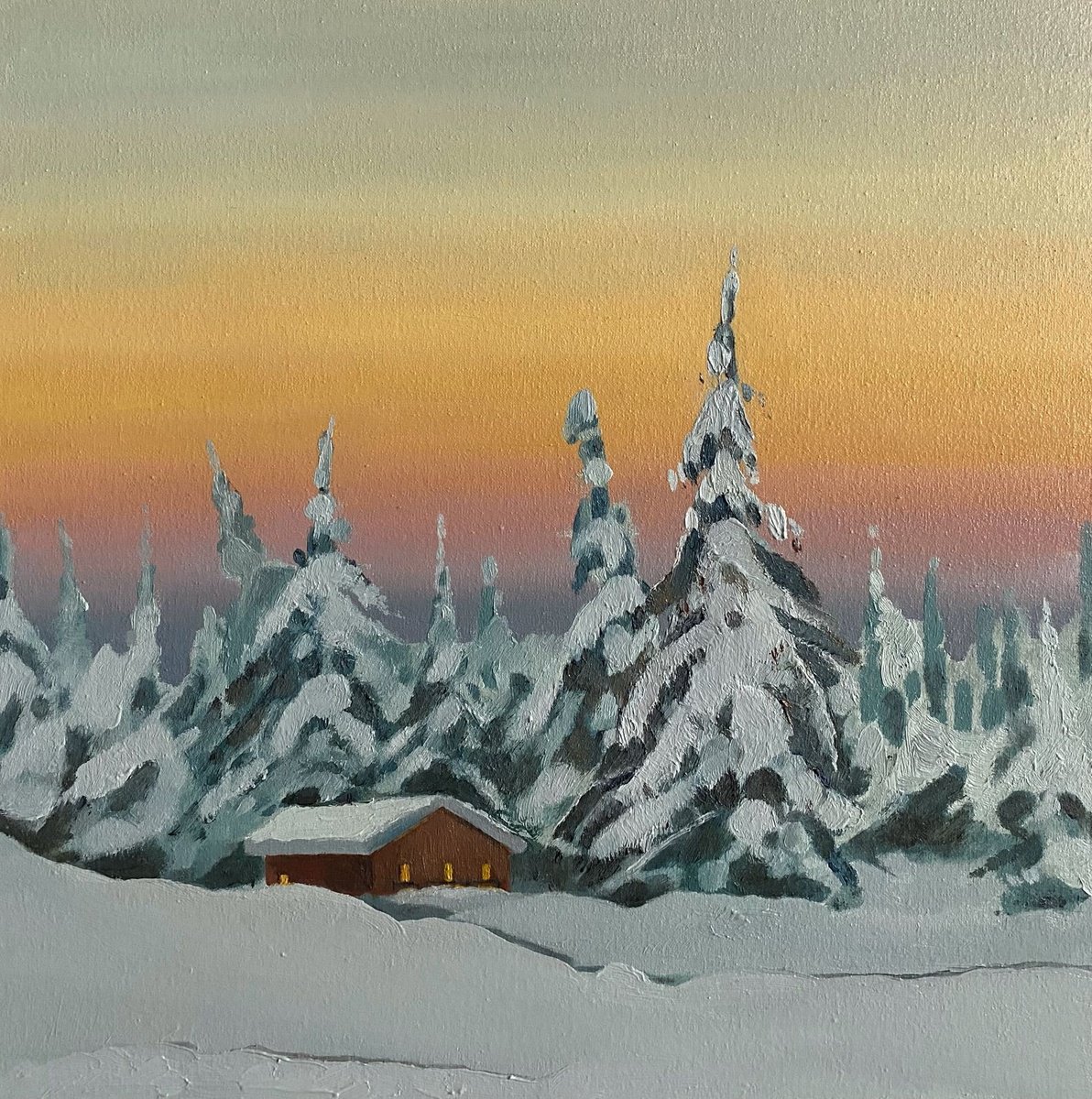 Impressionistic Landscape Oil Painting By Bohdan Vykhrenko, 14 X 14, Winter Sunset, Original Artwork