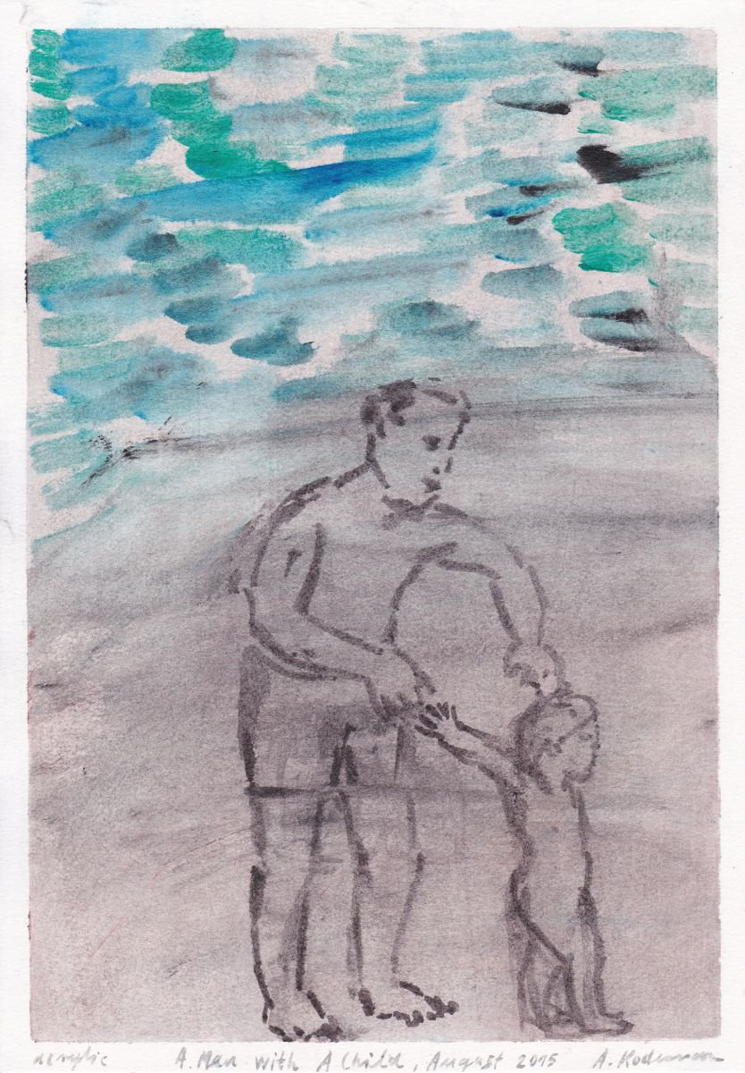 A Man with a Child, Lucija, August, 2015_acrylic on paper 29,7 x 20,8 cm by Alenka Koderman