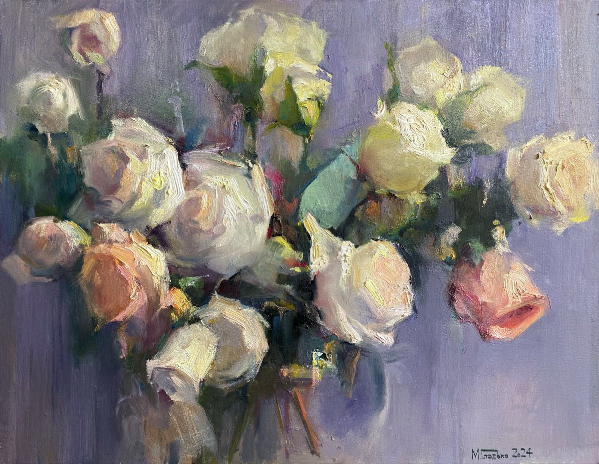 Impressionistic Botanical Oil Painting By Maxim Gladko, 35 X 28", Roses #1, Original Artwork