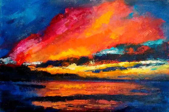 Sunset Oil Painting Original Art Abstract Artwork Landscape Impasto Canvas Wall Art