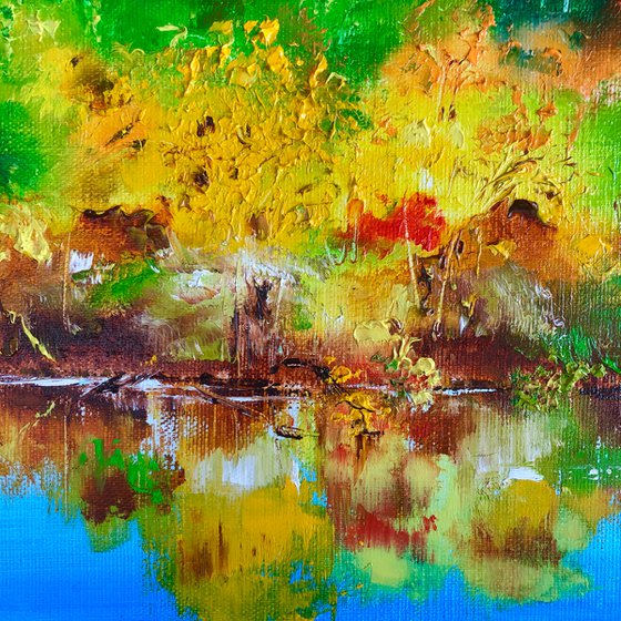 HARMONY ON THE SHORES - Autumn. October. Bright landscape. Blue river. Warm weather. Red forest. Yellow leaves.