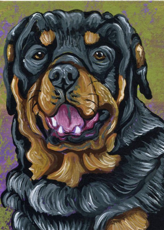 ACEO ATC Original Miniature Painting Rotti Rottweiler Pet Dog Art-Carla Smale