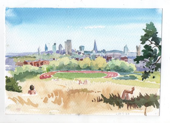 View from Parliament Hill Fields on a hot day in summer