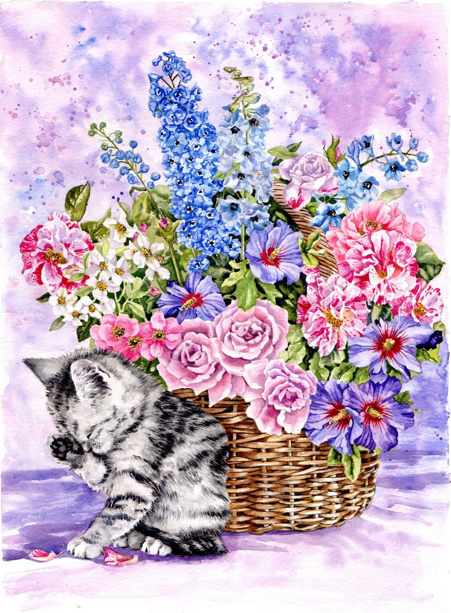 Photorealistic Botanical Watercolour By Zoe Elizabeth Norman, 11 X 14", Kitten And Summer Flowers, Original Artwork