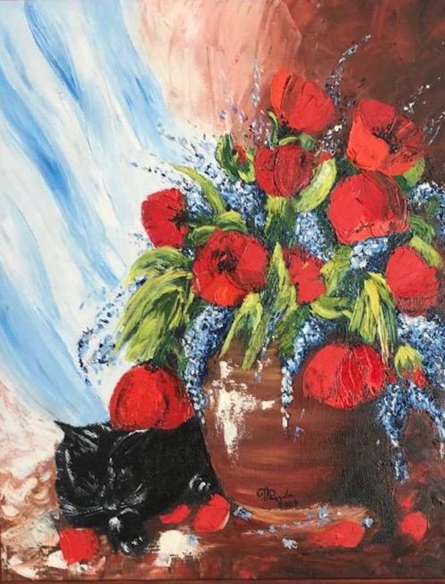 Flowers & The Black Cat by Krystyna Przygoda
