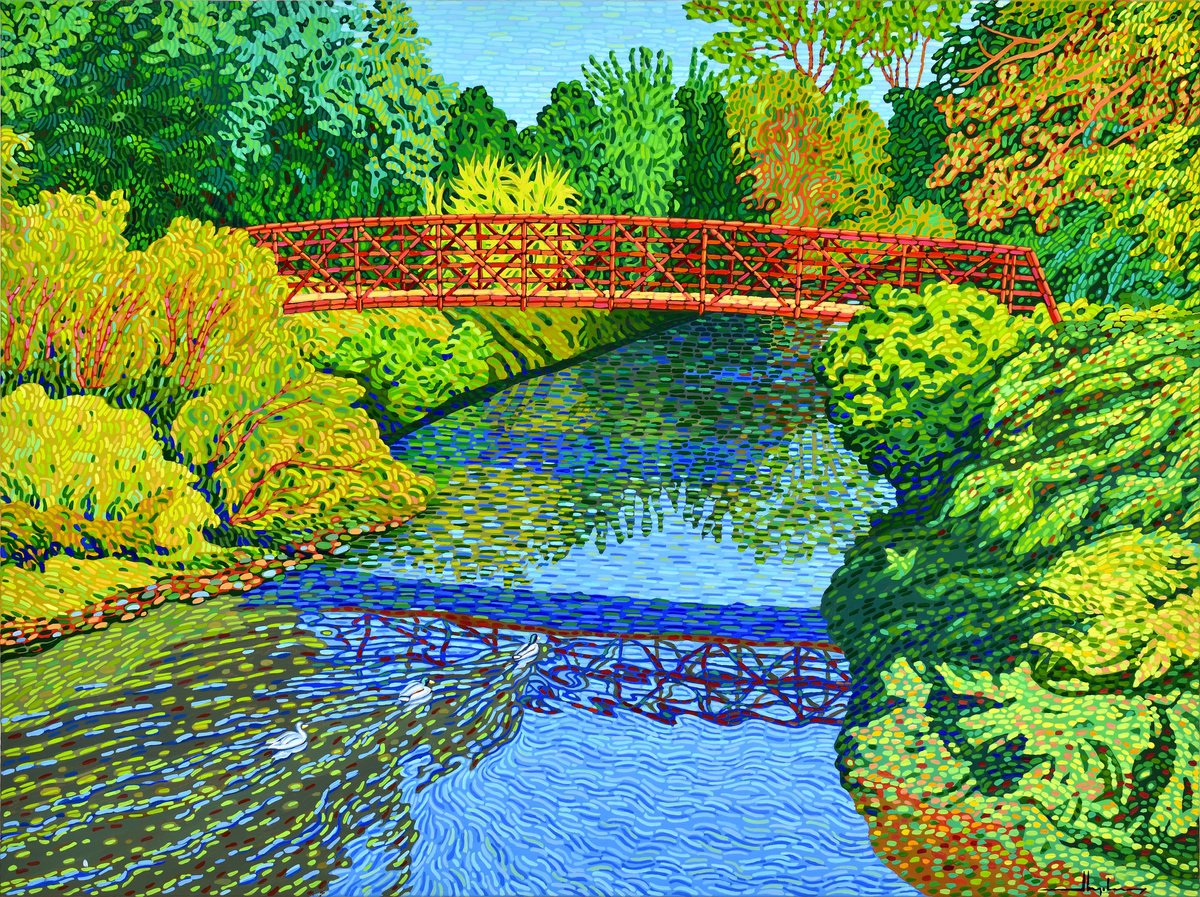 Impressionistic Landscape Acrylic Painting By Alex Nizovsky, 40 X 30, Red Bridge, Original Artwork