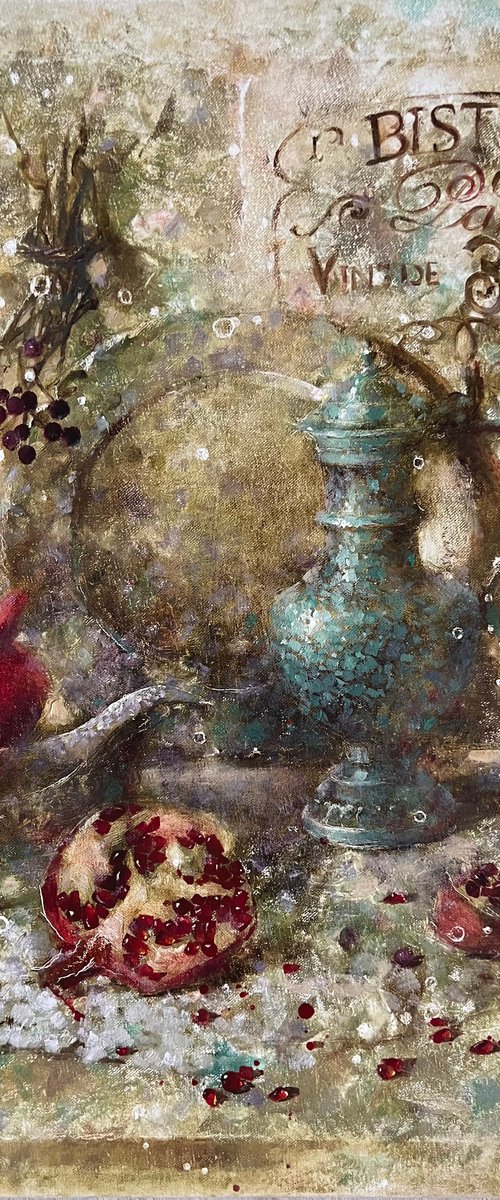 Pomegranate in French bistro by Yulia Odukalets