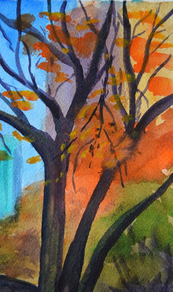 Fall New York Central Park ORIGINAL watercolor painting, autumn forest, romantic gift