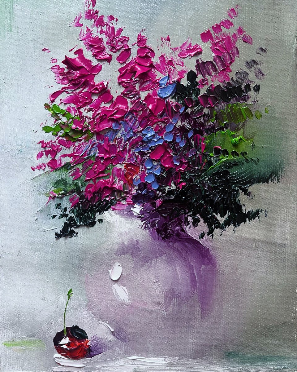 Impressionistic Botanical Oil Painting By Vahe Bagumyan, 7 X 9", Purple Still Life, Original Artwork