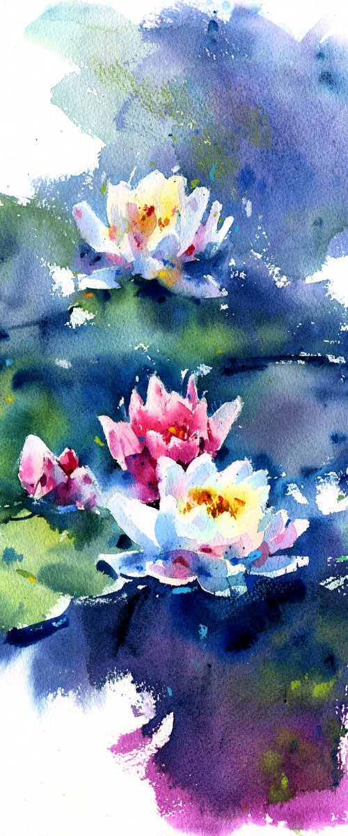 Original watercolor painting Lotus flowers on the surface of the lake by Ksenia Selianko