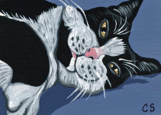 ACEO ATC Original Miniature Painting Tuxedo Cat Pet Art-Carla Smale