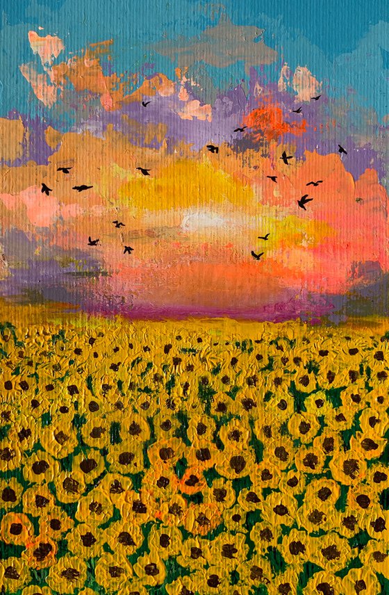 Sunset at sunflower fields  ! Abstract impressionism art! Painting on paper